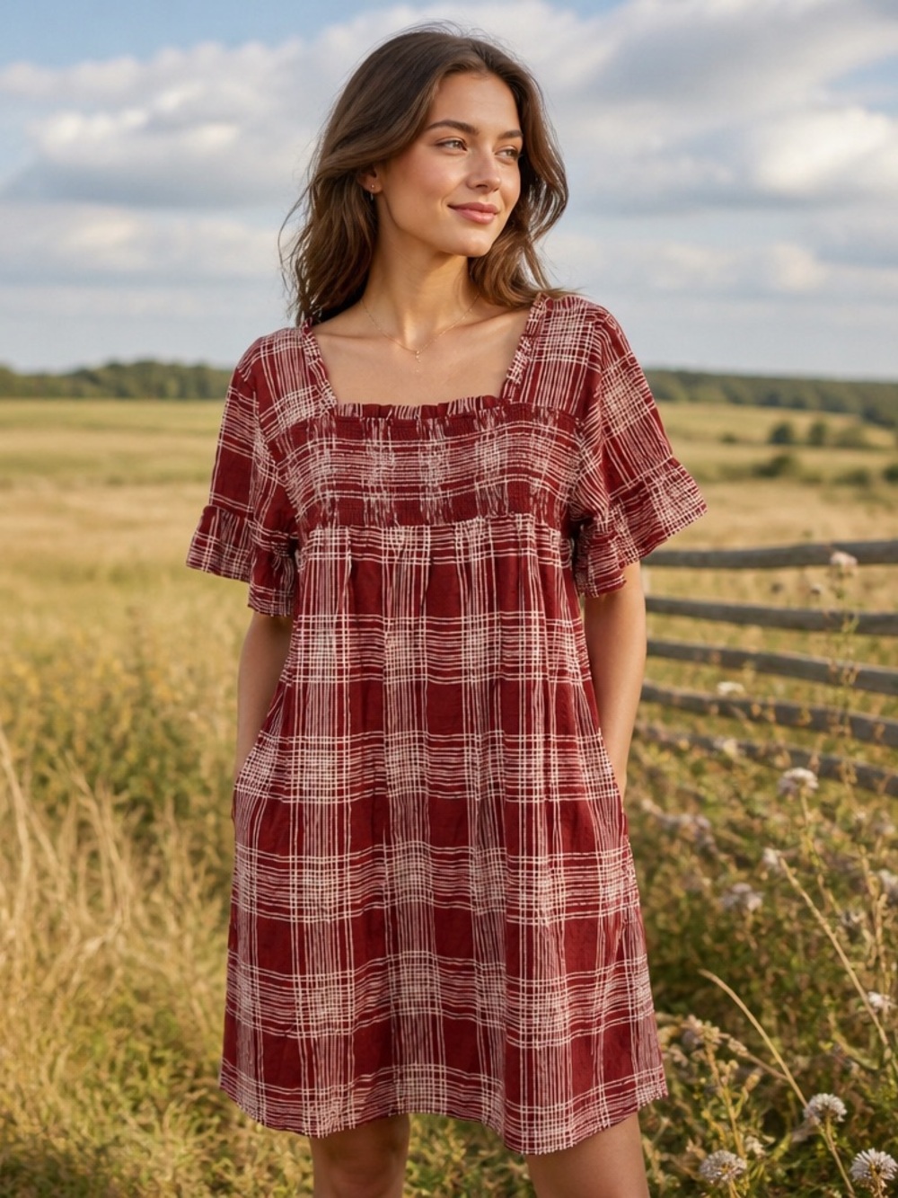 Entro Women’s Medium Red Plaid Smocked Sleeve Shift Dress Prairie Cottagecore